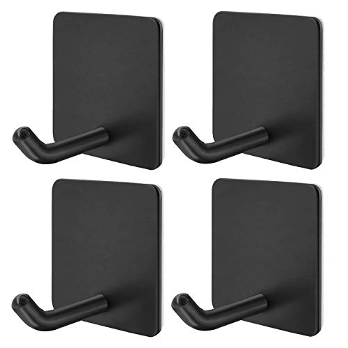 SouLips Adhesive Hooks, Self Adhesive Black Wall Mount Hanger Heavy Duty Rugged 304 Stainless Steel Hooks for Robe Coat Towel, Strong Sticky Hanging Hooks for Doors Kitchen Bathrooms Office, 4 Packs