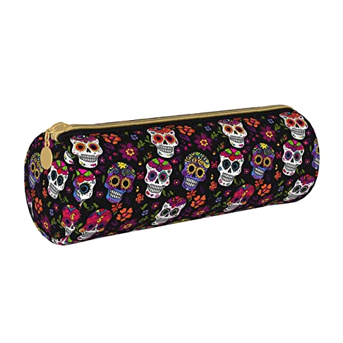 Aieefun Sugar Skull And Flowers Cylinder Pencil Case Holder Zipper Pen Bag Pouch Cosmetic Makeup Bag