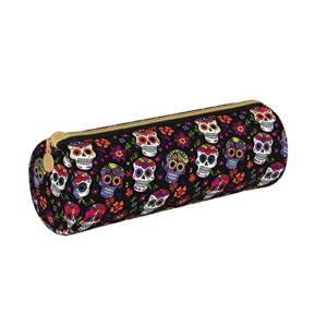 Aieefun Sugar Skull And Flowers Cylinder Pencil Case Holder Zipper Pen Bag Pouch Cosmetic Makeup Bag