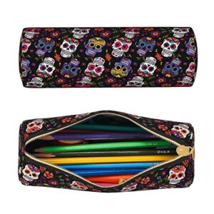 Aieefun Sugar Skull And Flowers Cylinder Pencil Case Holder Zipper Pen Bag Pouch Cosmetic Makeup Bag