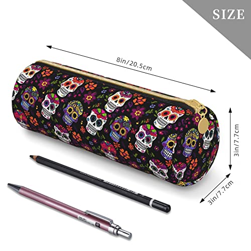 Aieefun Sugar Skull And Flowers Cylinder Pencil Case Holder Zipper Pen Bag Pouch Cosmetic Makeup Bag