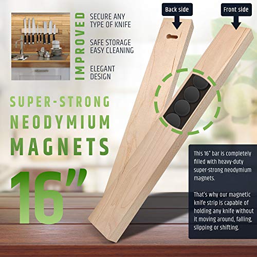 Premium 16 Inch Maple Wood Magnetic Knife Holder – Professional Wooden Magnetic Knife Strip - Space-Saving Knife Rack/Knife Bar With Powerful Magnetic Pull Force (Upgraded Version)