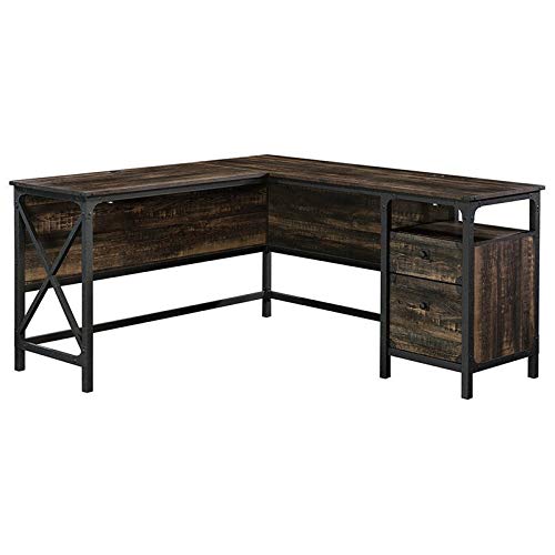 Pemberly Row Home Office L Shape Corner Desk in Rustic Carbon Oak and Black