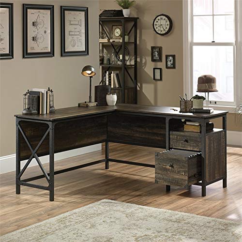 Pemberly Row Home Office L Shape Corner Desk in Rustic Carbon Oak and Black
