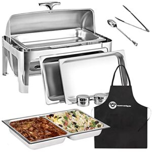 8 qt full size roll top chafing dish bundle stainless steel - 1 full size and food pans, 1 water pan, 1 sectional food pan, 1 tung and 1 serving spoon - fuel holders and lid + free apron,