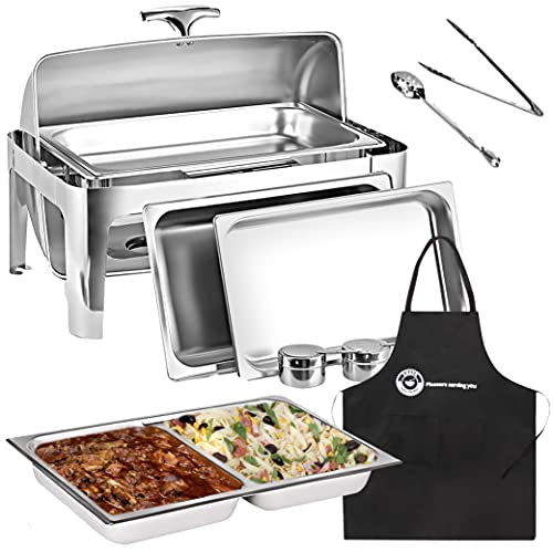 8 Qt Full Size Roll Top Chafing Dish Bundle Stainless Steel - 1 Full Size and Food Pans, 1 Water Pan, 1 Sectional Food Pan, 1 Tung and 1 Serving Spoon - Fuel Holders and Lid + Free Apron,