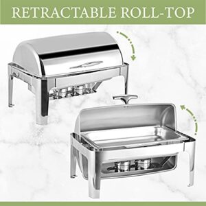 8 Qt Full Size Roll Top Chafing Dish Bundle Stainless Steel - 1 Full Size and Food Pans, 1 Water Pan, 1 Sectional Food Pan, 1 Tung and 1 Serving Spoon - Fuel Holders and Lid + Free Apron,