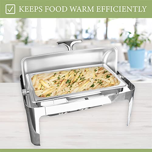 8 Qt Full Size Roll Top Chafing Dish Bundle Stainless Steel - 1 Full Size and Food Pans, 1 Water Pan, 1 Sectional Food Pan, 1 Tung and 1 Serving Spoon - Fuel Holders and Lid + Free Apron,