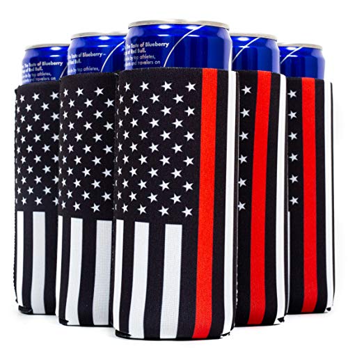 QualityPerfection Slim Can Cooler Sleeves (12 Pack) Black Flag with Thin Red Line Beer/Energy Drink Blank Skinny 12 oz 4mm Neoprene Holder (Firefighter)