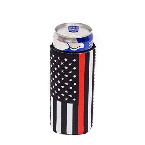 QualityPerfection Slim Can Cooler Sleeves (12 Pack) Black Flag with Thin Red Line Beer/Energy Drink Blank Skinny 12 oz 4mm Neoprene Holder (Firefighter)