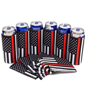 QualityPerfection Slim Can Cooler Sleeves (12 Pack) Black Flag with Thin Red Line Beer/Energy Drink Blank Skinny 12 oz 4mm Neoprene Holder (Firefighter)