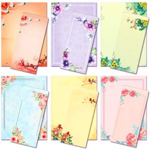 anzon mories a4 vintage floral stationery paper 48 pc and self-sealing envelopes 24 pc set, 27 lb heavy weight letter writing stationay, printer friendly, color both sides, ink painting classic design