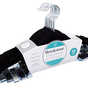 Brookstone BKH1293, 10 Pack Non-Slip Velvet Hangers with Clips, 360° Swivel Hook, Lightweight & Slim, Strong & Durable, Space Saving Design, Heavy Duty, Won’t Stain Fabric, Black, 10 Count