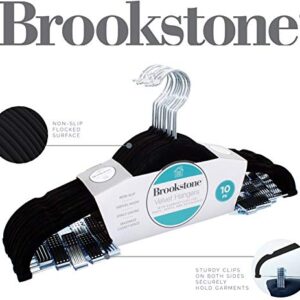 Brookstone BKH1293, 10 Pack Non-Slip Velvet Hangers with Clips, 360° Swivel Hook, Lightweight & Slim, Strong & Durable, Space Saving Design, Heavy Duty, Won’t Stain Fabric, Black, 10 Count