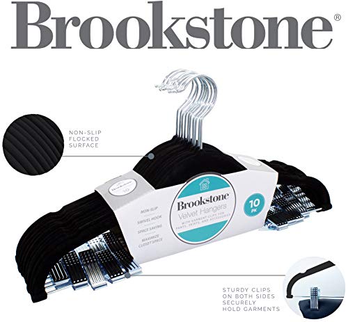 Brookstone BKH1293, 10 Pack Non-Slip Velvet Hangers with Clips, 360° Swivel Hook, Lightweight & Slim, Strong & Durable, Space Saving Design, Heavy Duty, Won’t Stain Fabric, Black, 10 Count