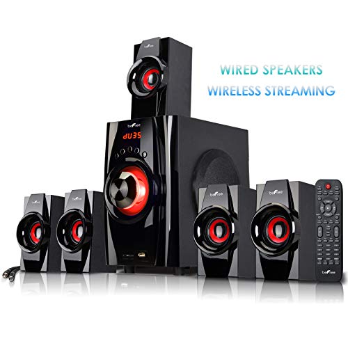 Be Free Sound 5.1 Channel Surround Sound Bluetooth Speaker System in Red with Remote Control, FM Radio, 4" Amplifier, 2.5" Speakers, Black