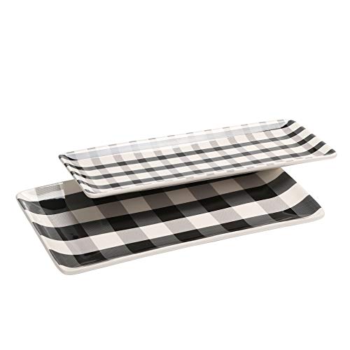 Bico Plaid Check Black and White Ceramic 14 inch Rectangular Serving Platter, Set of 2, for Serving Salad, Pasta, Cheese, Ham, Appetizer, Microwave & Dishwasher Safe