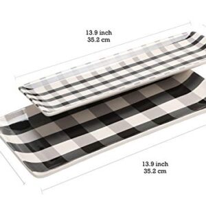 Bico Plaid Check Black and White Ceramic 14 inch Rectangular Serving Platter, Set of 2, for Serving Salad, Pasta, Cheese, Ham, Appetizer, Microwave & Dishwasher Safe