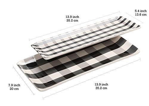 Bico Plaid Check Black and White Ceramic 14 inch Rectangular Serving Platter, Set of 2, for Serving Salad, Pasta, Cheese, Ham, Appetizer, Microwave & Dishwasher Safe