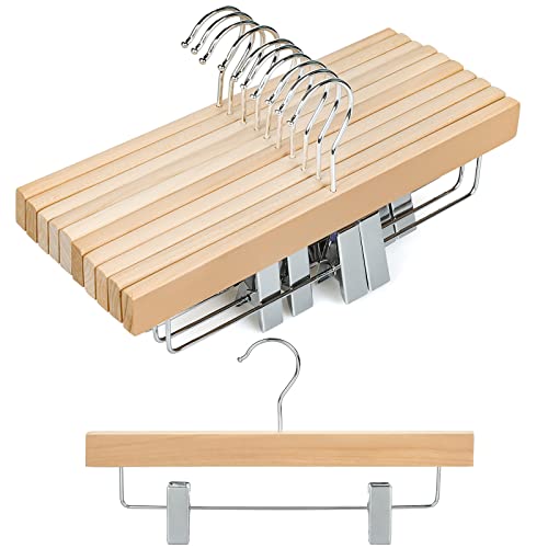 TOPIA HANGER 11.8'' Unfinished/Natural Wooden Pants Skirt Hangers for Kids Baby Toddler Children, Extra Thick Chrome Hooks & Anti-Wrinkle Premium Flat Clips 10 Pack CT09PN