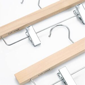 TOPIA HANGER 11.8'' Unfinished/Natural Wooden Pants Skirt Hangers for Kids Baby Toddler Children, Extra Thick Chrome Hooks & Anti-Wrinkle Premium Flat Clips 10 Pack CT09PN