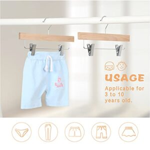 TOPIA HANGER 11.8'' Unfinished/Natural Wooden Pants Skirt Hangers for Kids Baby Toddler Children, Extra Thick Chrome Hooks & Anti-Wrinkle Premium Flat Clips 10 Pack CT09PN