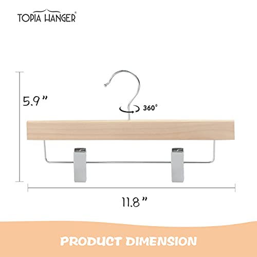 TOPIA HANGER 11.8'' Unfinished/Natural Wooden Pants Skirt Hangers for Kids Baby Toddler Children, Extra Thick Chrome Hooks & Anti-Wrinkle Premium Flat Clips 10 Pack CT09PN