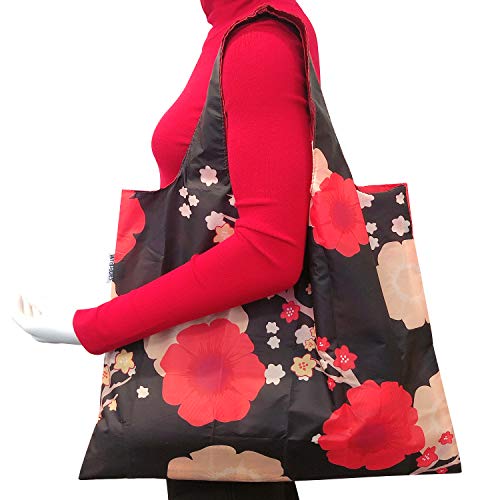 Wrapables Large Reusable Shopping Tote Bag with Outer Pouch, Midnight Floral