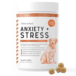 chew + heal dog calming treats - 60 soft chews, anxiety supplement - stress relief thiamine and l-tryptophan for travel, storms, fireworks - with ginger and melatonin - made in the usa