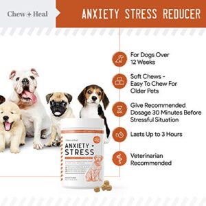 Chew + Heal Dog Calming Treats - 60 Soft Chews, Anxiety Supplement - Stress Relief Thiamine and L-Tryptophan for Travel, Storms, Fireworks - with Ginger and Melatonin - Made in The USA