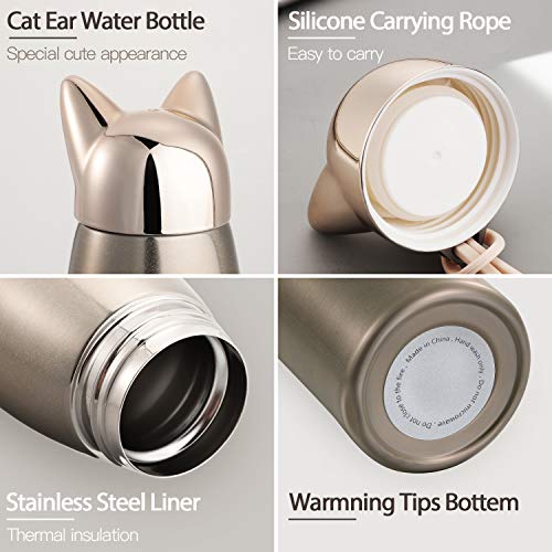 Cute Cat Water Bottle Stainless Steel Water Bottle Insulated Thermal Travel Mug Cute Vacuum Water Mug for Women and Kids (Gold)