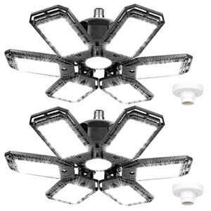 2 pack led garage lights 160w deformable 6000lm close to ceiling light fixtures e26 e27 screw-in six leaf glow lighting, ultra bright led shop light with 6 adjustable panels for work shop warehouse