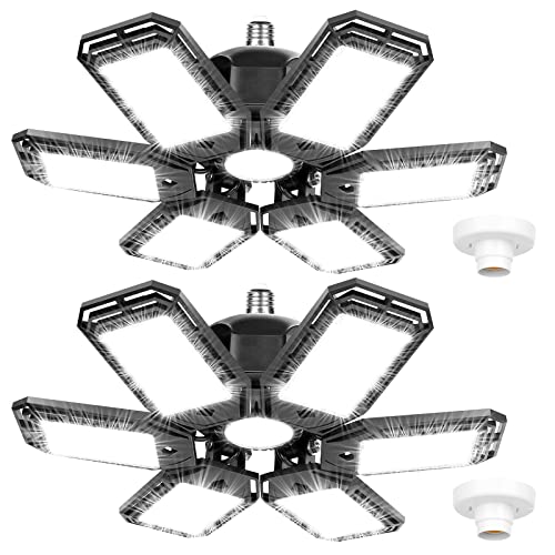 2 Pack LED Garage Lights 160W Deformable 6000LM Close to Ceiling Light Fixtures E26 E27 Screw-in Six Leaf Glow Lighting, Ultra Bright LED Shop Light with 6 Adjustable Panels for Work Shop Warehouse