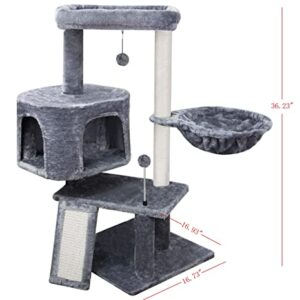 WIKI Newest 36.6 Cat Tree with Cat Condo and Hanging Hammock,Grey