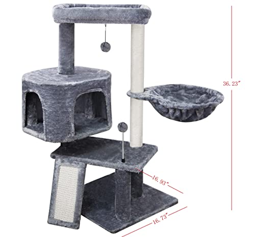 WIKI Newest 36.6 Cat Tree with Cat Condo and Hanging Hammock,Grey