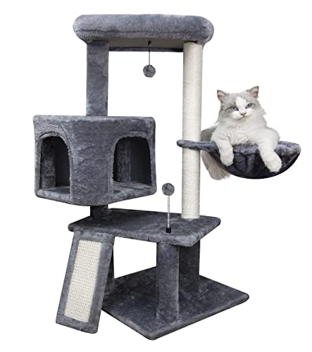 WIKI Newest 36.6 Cat Tree with Cat Condo and Hanging Hammock,Grey