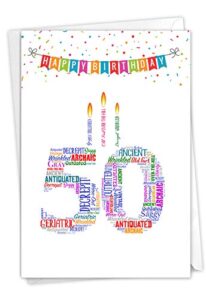 nobleworks - 50th funny card for birthday - milestone bday of 50 years, celebrate and congrats notecard with envelope - word cloud 50 c3249mbg