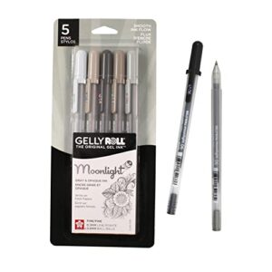 sakura gelly roll moonlight 06 gel pens - fine point ink pen for journaling, art, or drawing - gray ink - fine line - 5 pack