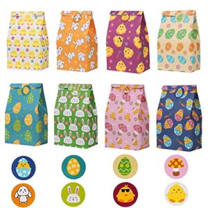 veylin 24pcs easter goodie paper bags, flat bottom candy bags with 32pieces circle sticker for easter party supplies