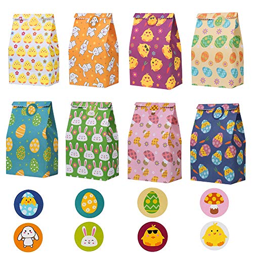 VEYLIN 24Pcs Easter Goodie Paper Bags, Flat Bottom Candy Bags with 32Pieces Circle Sticker for Easter Party Supplies