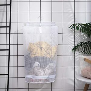 ALYER Hanging Semi Round Storage Mesh Bag,Collapsible Laundry Hamper Basket with Durable Hanger (White)