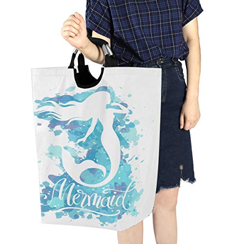 Kaariok Watercolor Mermaid Fantasy Fish Blue Laundry Hamper with Handles Waterproof Collapsible Storage Basket Large Dirty Clothes Bin for Laundry Room, 22.7 Inches