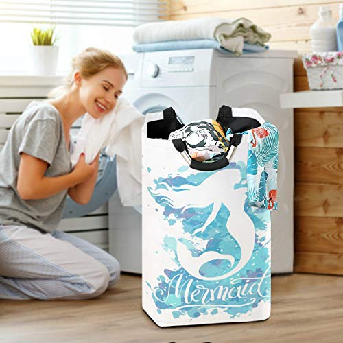Kaariok Watercolor Mermaid Fantasy Fish Blue Laundry Hamper with Handles Waterproof Collapsible Storage Basket Large Dirty Clothes Bin for Laundry Room, 22.7 Inches