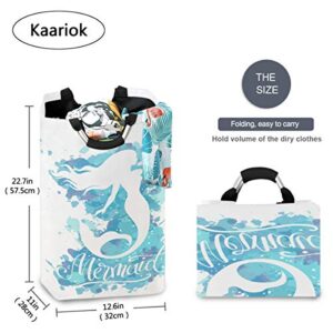 Kaariok Watercolor Mermaid Fantasy Fish Blue Laundry Hamper with Handles Waterproof Collapsible Storage Basket Large Dirty Clothes Bin for Laundry Room, 22.7 Inches