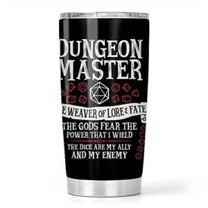 dungeon master the weaver of lore & fate dungeons & dragons white text stainless steel tumbler 20oz travel mug