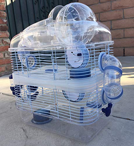 3-Solid Floor Levels Habitat Hamster Rodent Gerbil Mouse Mice Cage with Top Large Running Ball (Blue)