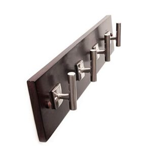 hickory hardware hook rack for coats, hats, keys, towels, purses and more, easily mounted on walls & doors, decorative heavy duty hook rail, 4 hooks, cocoa wood grain with satin nickel finish