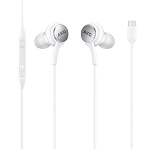 ElloGear 2020 Earbuds USB C Headphones for Samsung Galaxy S21, Note 10, Galaxy S10, S9 Plus, S10e - Designed by AKG - Braided Cable with Microphone and Volume Remote Type-C Connector - White