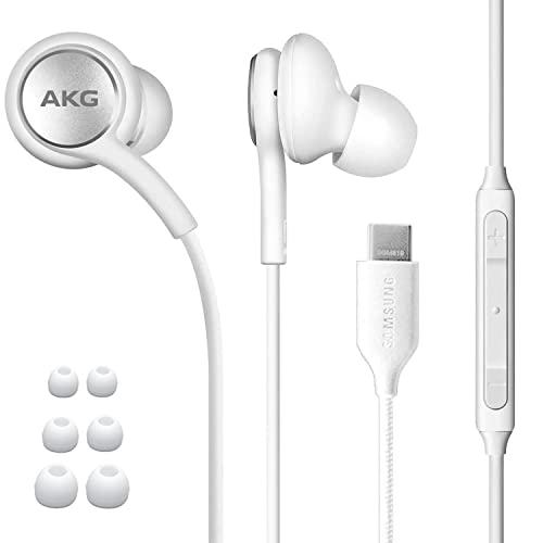 ElloGear 2020 Earbuds USB C Headphones for Samsung Galaxy S21, Note 10, Galaxy S10, S9 Plus, S10e - Designed by AKG - Braided Cable with Microphone and Volume Remote Type-C Connector - White