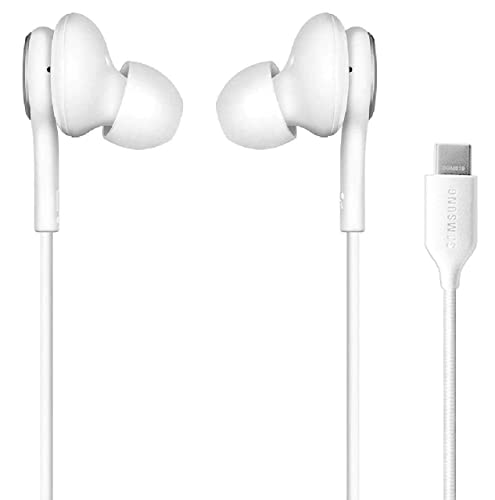 ElloGear 2020 Earbuds USB C Headphones for Samsung Galaxy S21, Note 10, Galaxy S10, S9 Plus, S10e - Designed by AKG - Braided Cable with Microphone and Volume Remote Type-C Connector - White